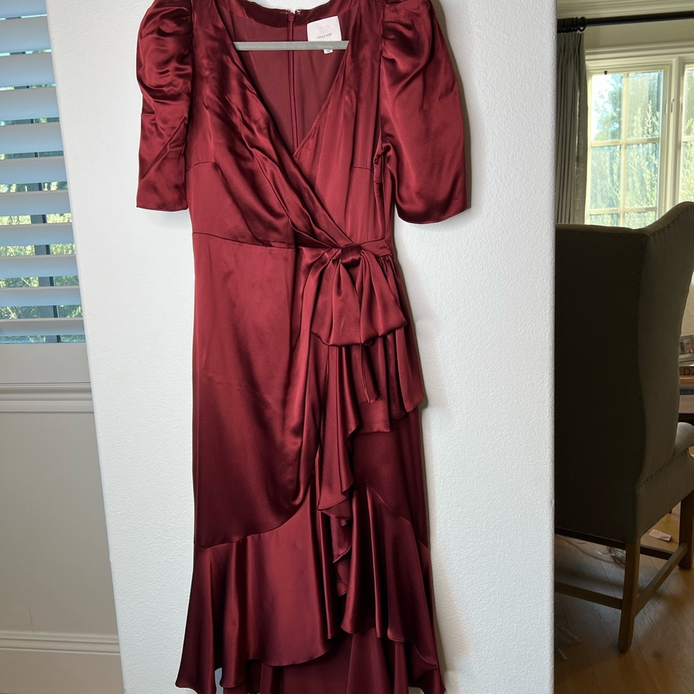 Cinq à Sept Wine Red Faux Wrap Silk Dress 2 - Picture 3 of 8